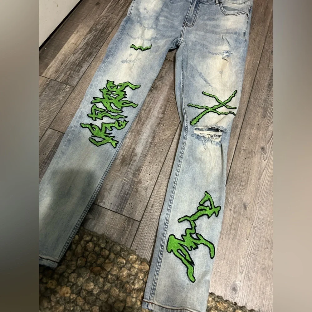 Se’renade acid washed Skinny distressed Streetwear Jeans Lime Green embroidery